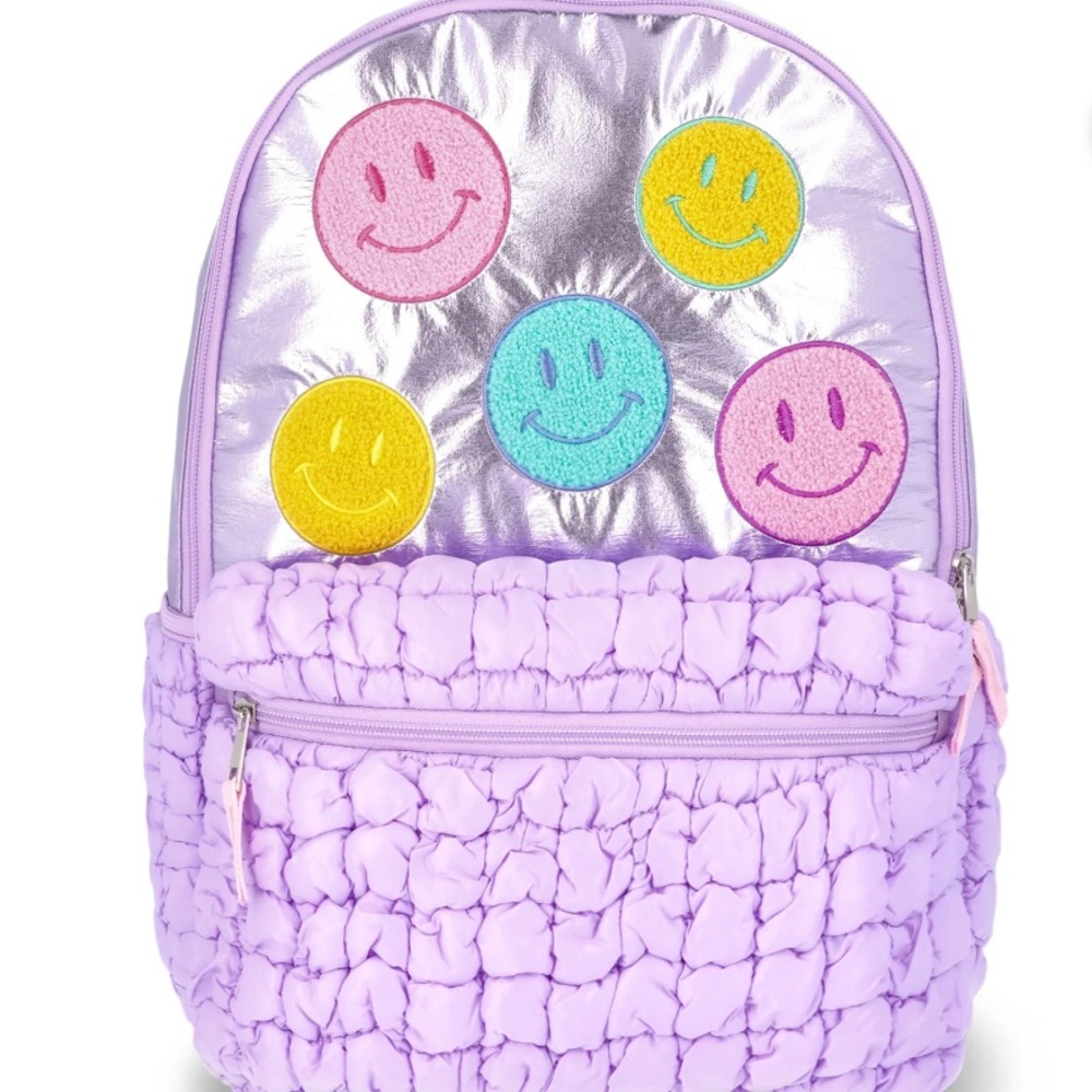 WONDER NATION Girls / Teen Backpack Pink & Lilac Metallic SMILEY FACE 17”x13”x3”